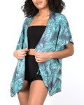 Kimono court, gris et menthe, motif feuilles